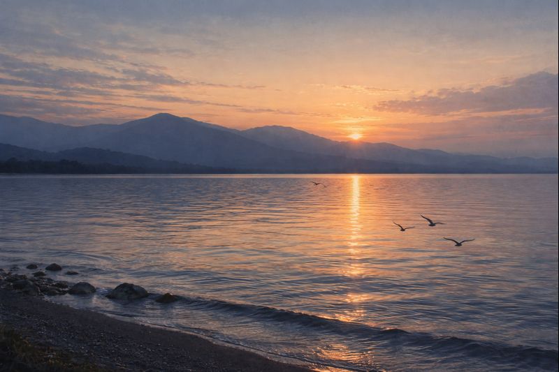 夕暮れの琵琶湖と静かな水面